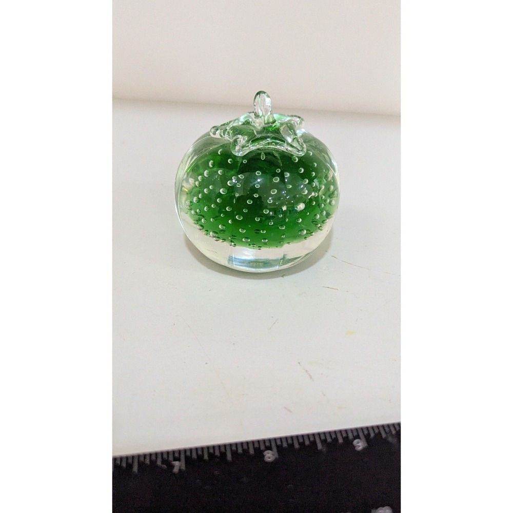 Green Controlled Bubble Art Glass Paperweight Bullicante Tomato Vintage 2.5"